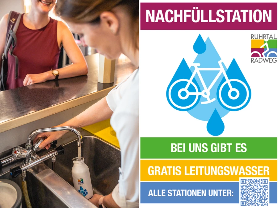 links: Radlerin erh&auml;lt Leitungswasser in einer Nachf&uuml;llstation | rechts: Aufkleber der Nachf&uuml;llstationen